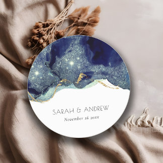 Chic Fluid Abstract Ink Gold Navy Glitter Wedding Round Paper Coaster
