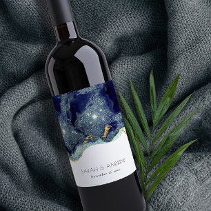 Chic Fluid Abstract Ink Gold Navy Glitter Wedding Wine Label