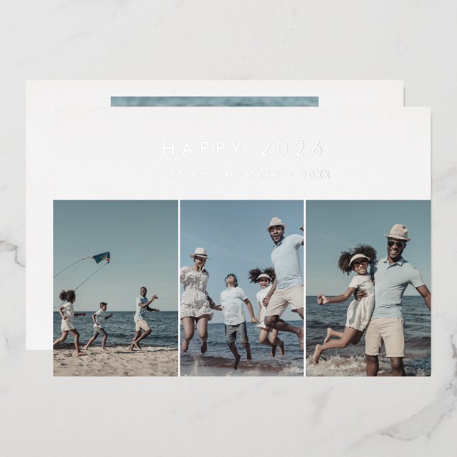 Chic Foil Happy 2026 New Year In Review 4 Photo Holiday Card (Front/Back)