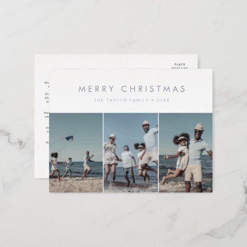 Chic Foil Merry Christmas Year In Review 3 Photo Foil Holiday Postcard