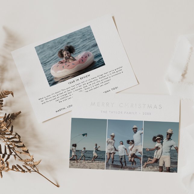 Chic Foil Merry Christmas Year In Review 4 Photo Foil Holiday Card (Creator Uploaded)