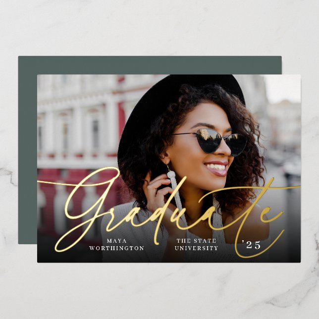 Chic Foil Script | Photo Graduation Announcement (Front/Back)