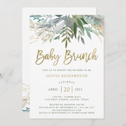 Chic Foliage  Baby Brunch with Faux Gold Script Invitation