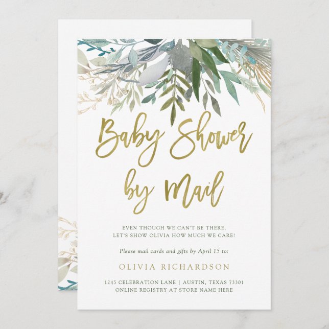 Chic Foliage | Baby Shower by Mail Gold Script Invitation (Front/Back)
