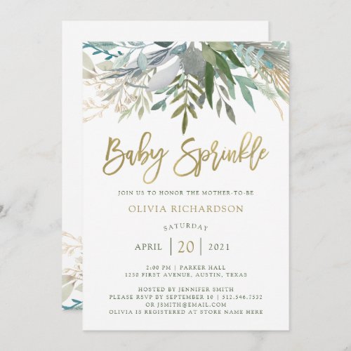 Chic Foliage  Baby Sprinkle with Faux Gold Script Invitation