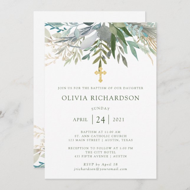Chic Foliage | Baptism with Gold Cross Invitation (Front/Back)