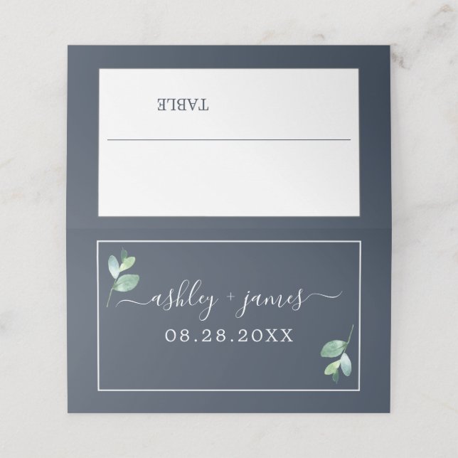 Chic Foliage Dark Blue Custom Wedding Place Card (Outside Unfolded)