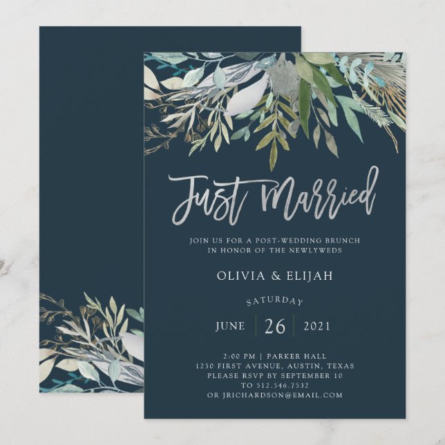 Chic Foliage | Dark Blue Just Married Invitation (Front/Back)