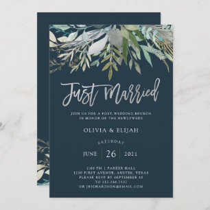 Chic Foliage   Dark Blue Just Married Invitation