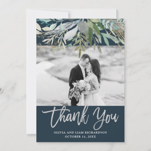 Chic Foliage Dark Blue  Photo Wedding Thank You Card