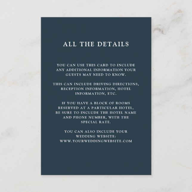 Chic Foliage | Dark Blue Wedding Guest Details Enclosure Card (Front)
