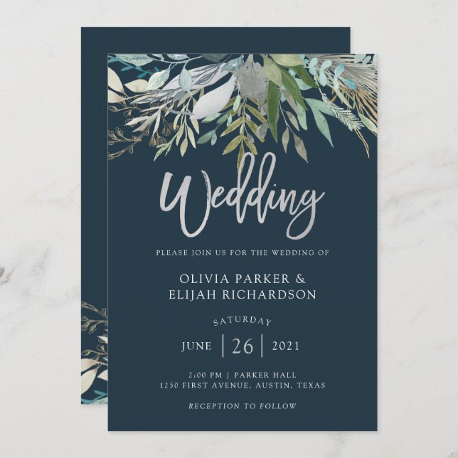 Chic Foliage | Dark Blue Wedding Invitation (Front/Back)