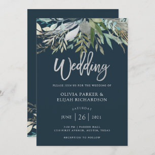 Chic Foliage   Dark Blue Wedding Invitation