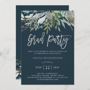 Chic Foliage   Graduation Party Silver Script Invitation