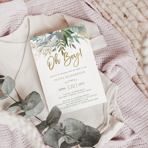 Chic Foliage  Oh Boy Baby Shower and Gold Script Invitation