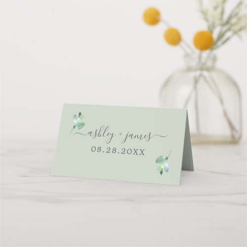 Chic Foliage Pastel Green Custom Wedding Place Card