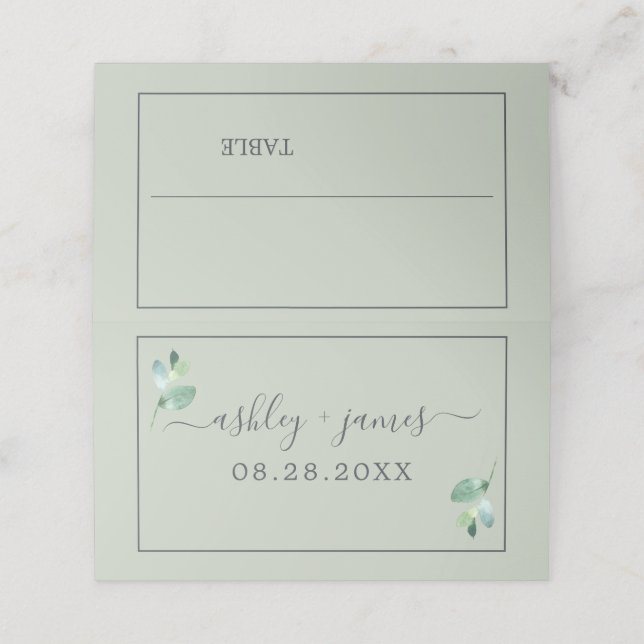Chic Foliage Pastel Green Custom Wedding Place Card (Outside Unfolded)