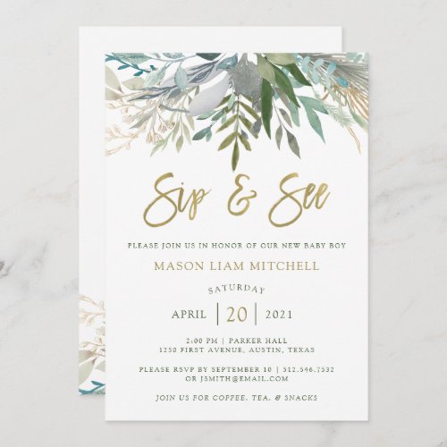 Chic Foliage  Sip and See with Faux Gold Script Invitation