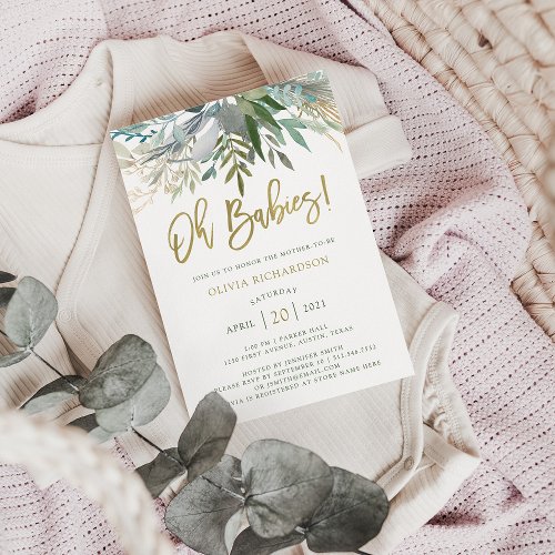 Chic Foliage  Twins Baby Shower and Gold Script Invitation