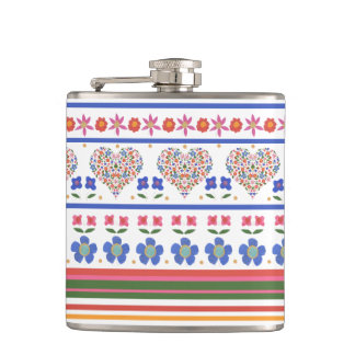Chic Folk Art Floral Hearts Border: Hip Flask
