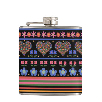Chic Folk Art Style Border on Black: Hip Flask