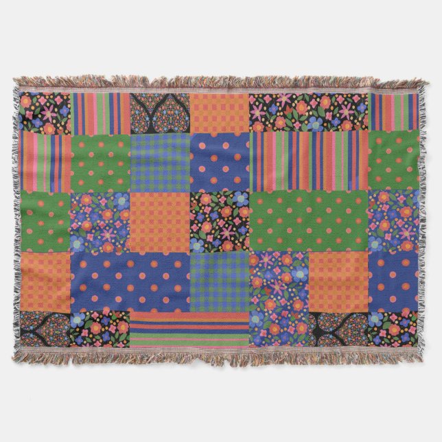 Chic Folk Art Style Faux Patchwork Throw Blanket (Front)