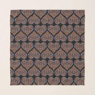 Chic Folk Art Style Floral Hearts on Black Scarf