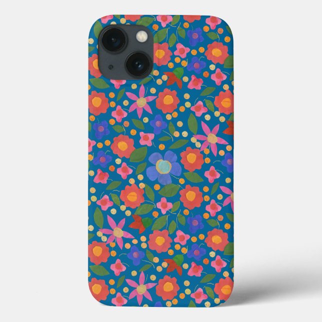 Chic Folk Art Style Floral on Blue iPad Case (Back)