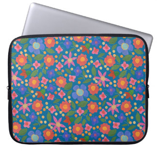 Chic Folk Art Style Floral on Blue Laptop Sleeve