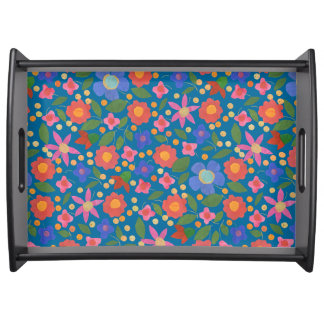 Chic Folk Art Style Floral on Blue Serving Tray