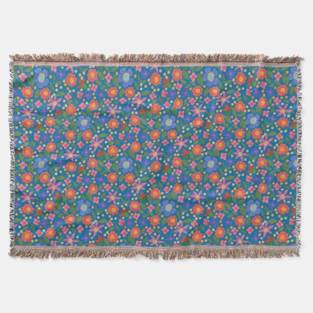 Chic Folk Art Style Floral on Blue Throw Blanket (Front)