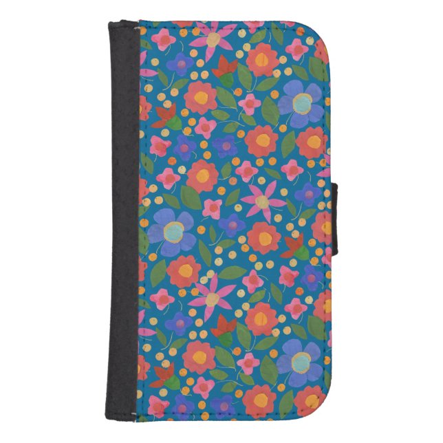Chic Folk Art Style Floral on Blue Wallet Case (Front)