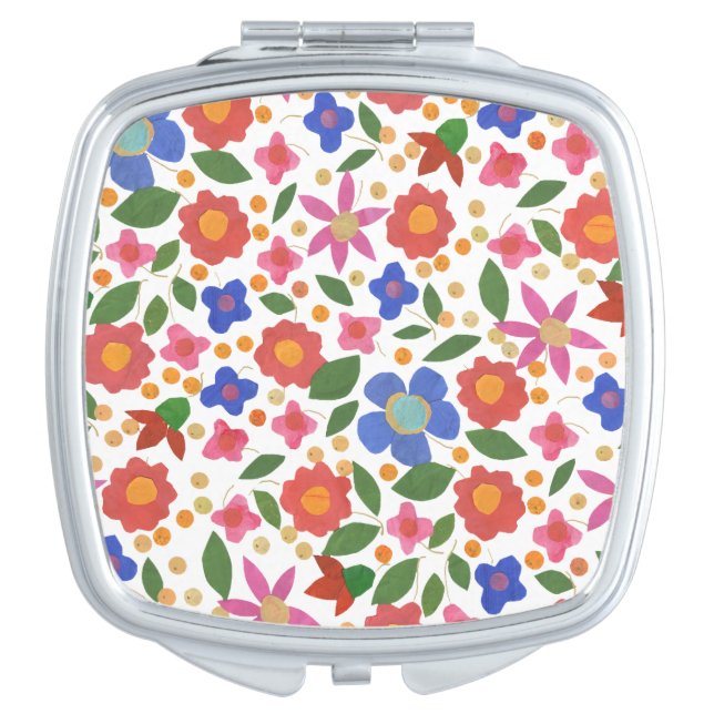 Chic Folk Art Style Floral on White Compact Mirror (Front)