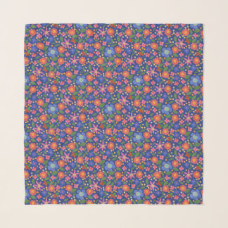 Chic Folk Art Style Floral Pattern on Blue Scarf