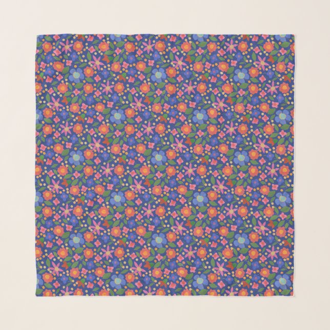 Chic Folk Art Style Floral Pattern on Blue Scarf (Front)