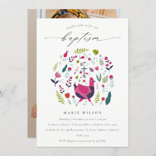 Chic Folk Farm Floral Birdie Photo Baptism Invite