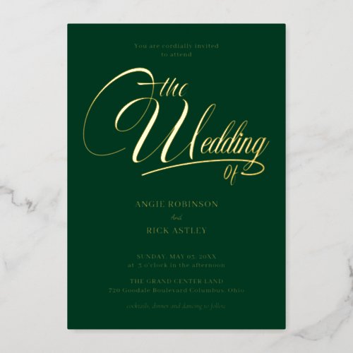 Chic Forest Green and Gold Calligraphed Wedding Foil Invitation