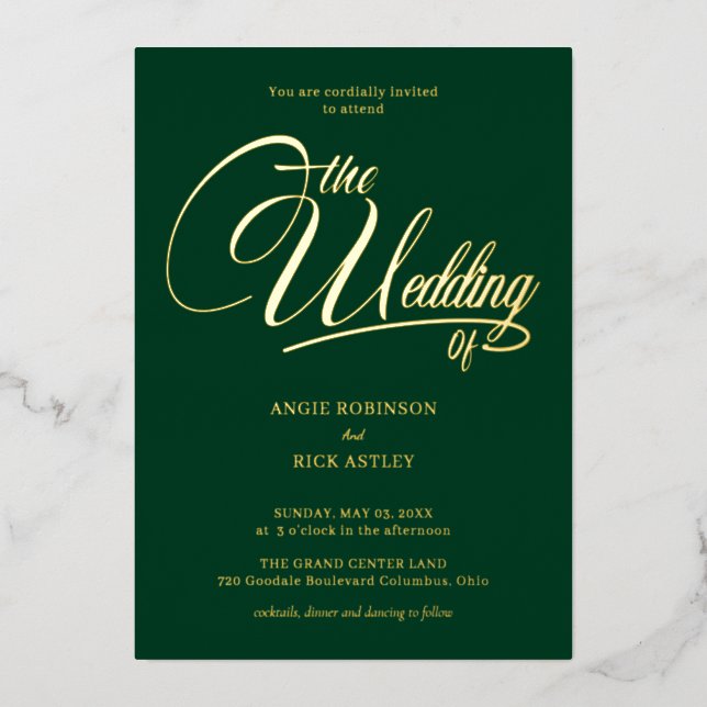  Chic Forest Green and Gold Wedding Foil Invitation (Front)