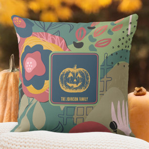 Chic Forest Green Blue Fall Floral Pumpkin Throw Pillow