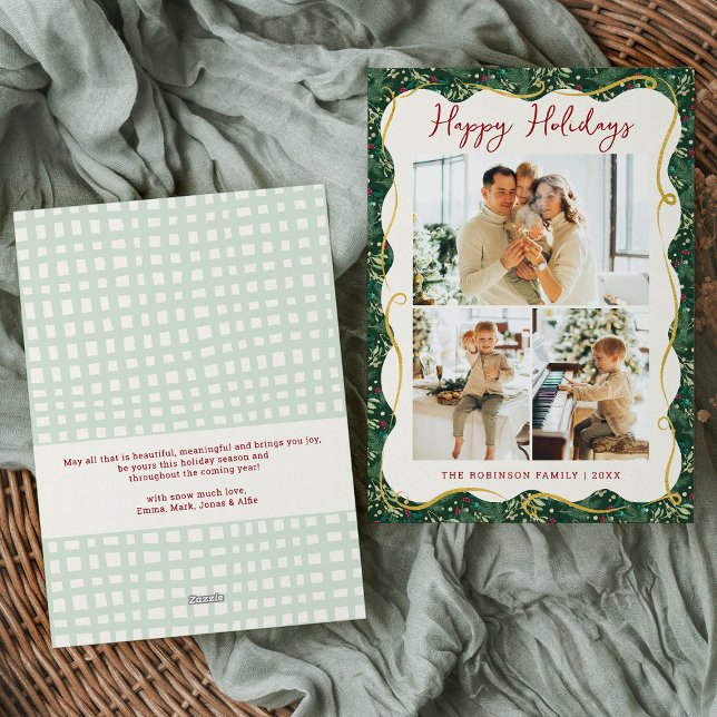 Chic Forest Green Botanical Happy Holidays 3 Photo Holiday Card (Creator Uploaded)