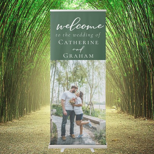 Chic Forest Green Couple Photo Wedding Welcome Retractable Banner