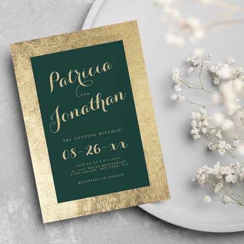 Chic forest green gold frame calligraphy wedding invitation
