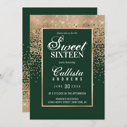 Chic Forest Green Gold Glitter Confetti Sweet 16 Invitation | Zazzle.com