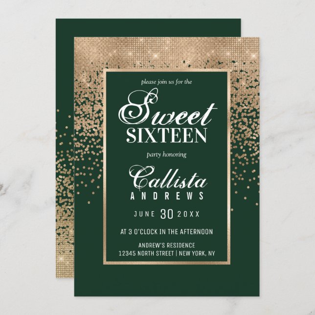 Chic Forest Green Gold Glitter Confetti Sweet 16 Invitation (Front/Back)