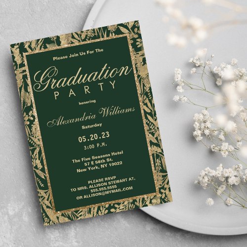 Chic forest green gold glitter floral Graduation Invitation