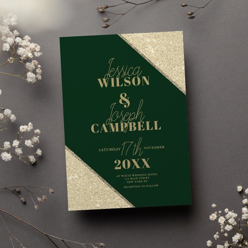 Chic forest green gold glitter typography wedding invitation