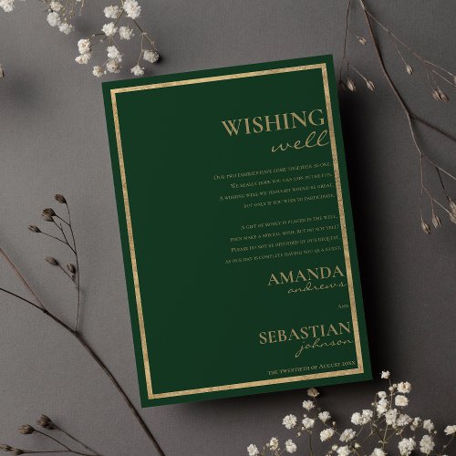 Chic forest green gold typography wishing well invitation
