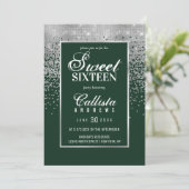 Chic Forest Green Silver Glitter Confetti Sweet 16 Invitation (Standing Front)