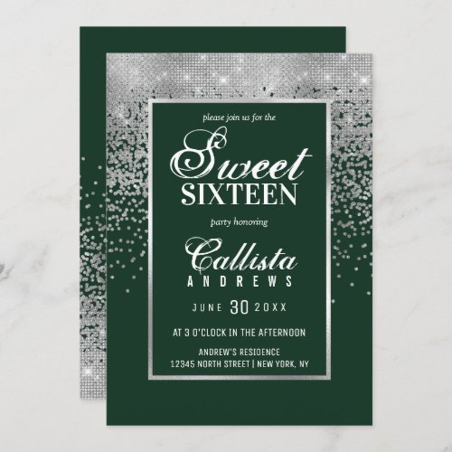 Chic Forest Green Silver Glitter Confetti Sweet 16 Invitation