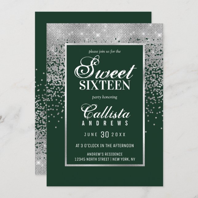 Chic Forest Green Silver Glitter Confetti Sweet 16 Invitation (Front/Back)